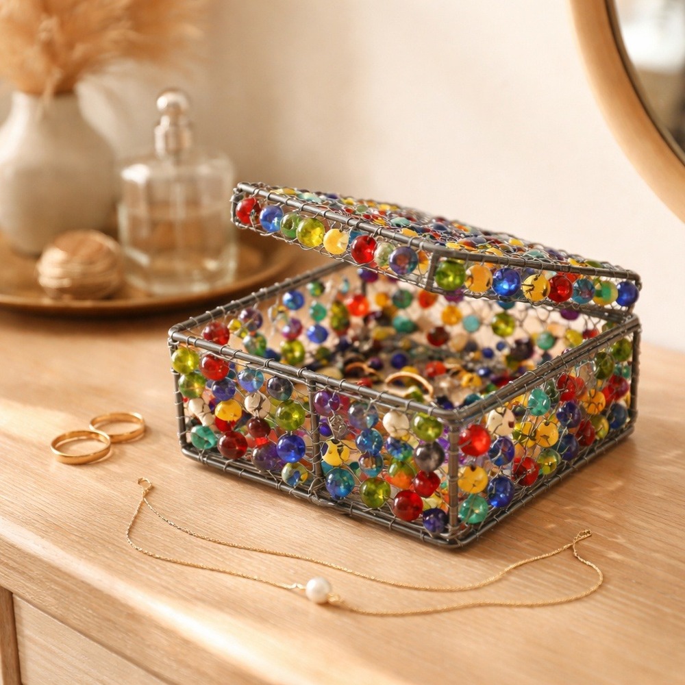 Vintage Beaded Jewelry Trinket Box Boho Multicolor
